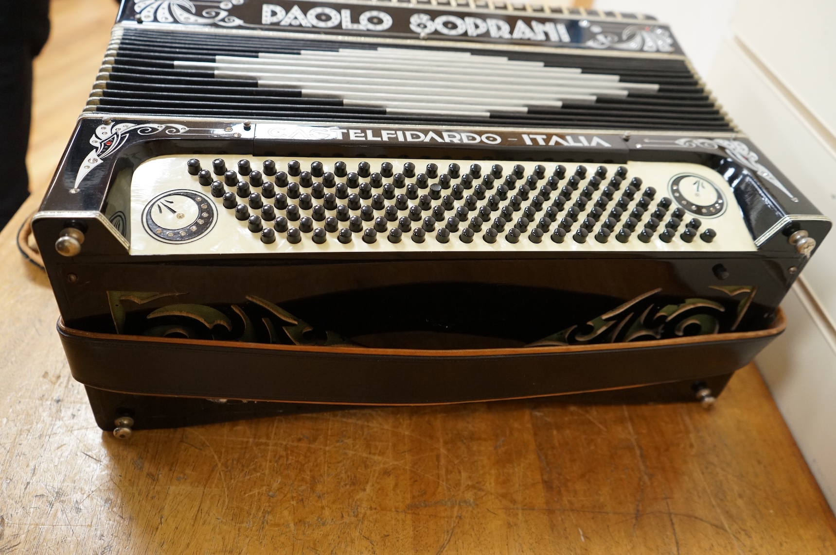 A cased Paolo Soprani Castelfidardo Italia piano accordion.